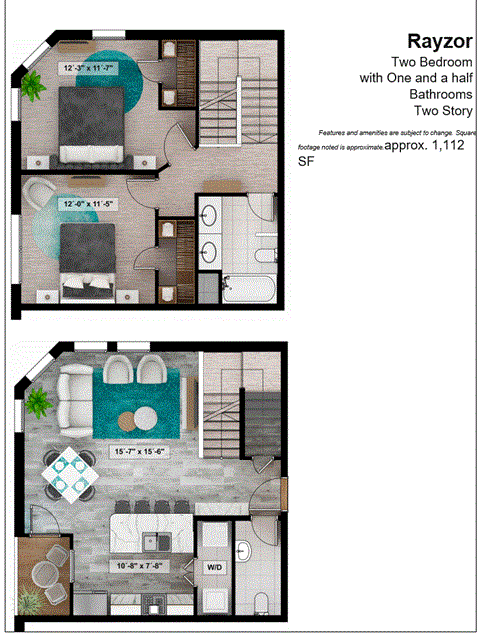 a floor plan of two bedroom apartment with one and a half bathrooms
